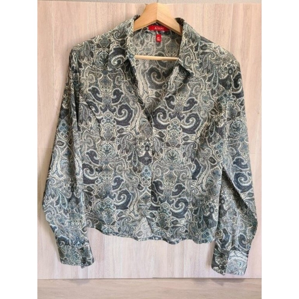 A Line Vintage Paisley Blouse Womens 8P Petite Grey Button Front Long Sleeve Top